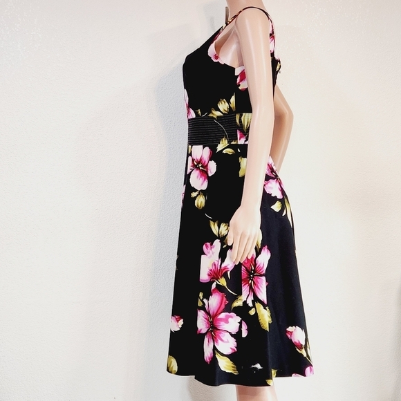 Donna Ricco Black Tropical Floral Hibiscus Print Sleeveless Sundress - Picture 5 of 11